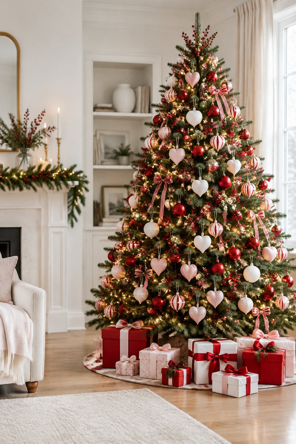 A decorated Christmas tree with red and pink heart ornaments, white baubles, and glowing white lights.