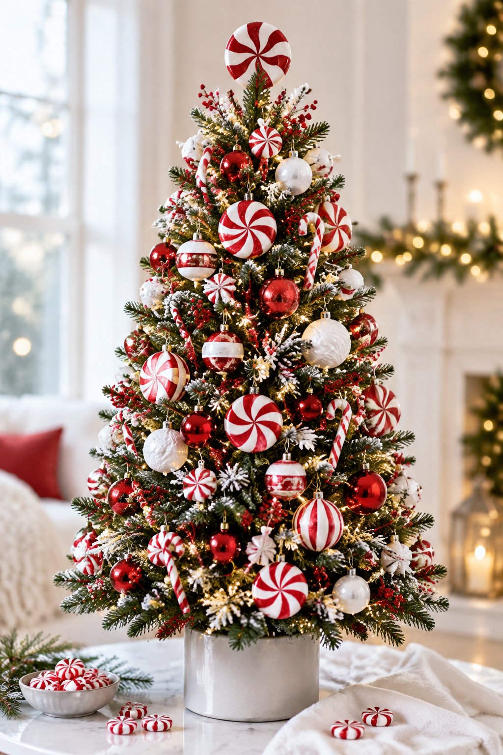 A red and white Christmas tree decorated with candy canes, peppermint ornaments, and glowing lights.