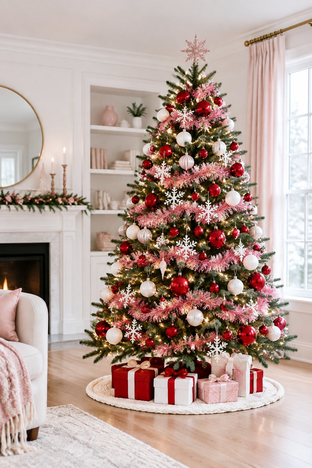 A Christmas tree decorated with pink tinsel, red ornaments, and white decorations, surrounded by wrapped presents.