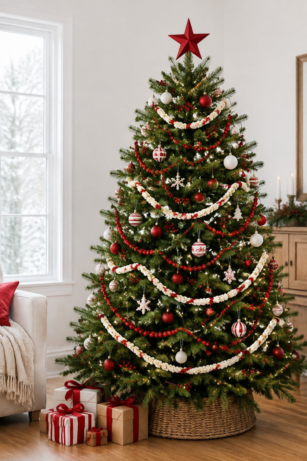 A green Christmas tree decorated with red cranberries and white popcorn garlands.