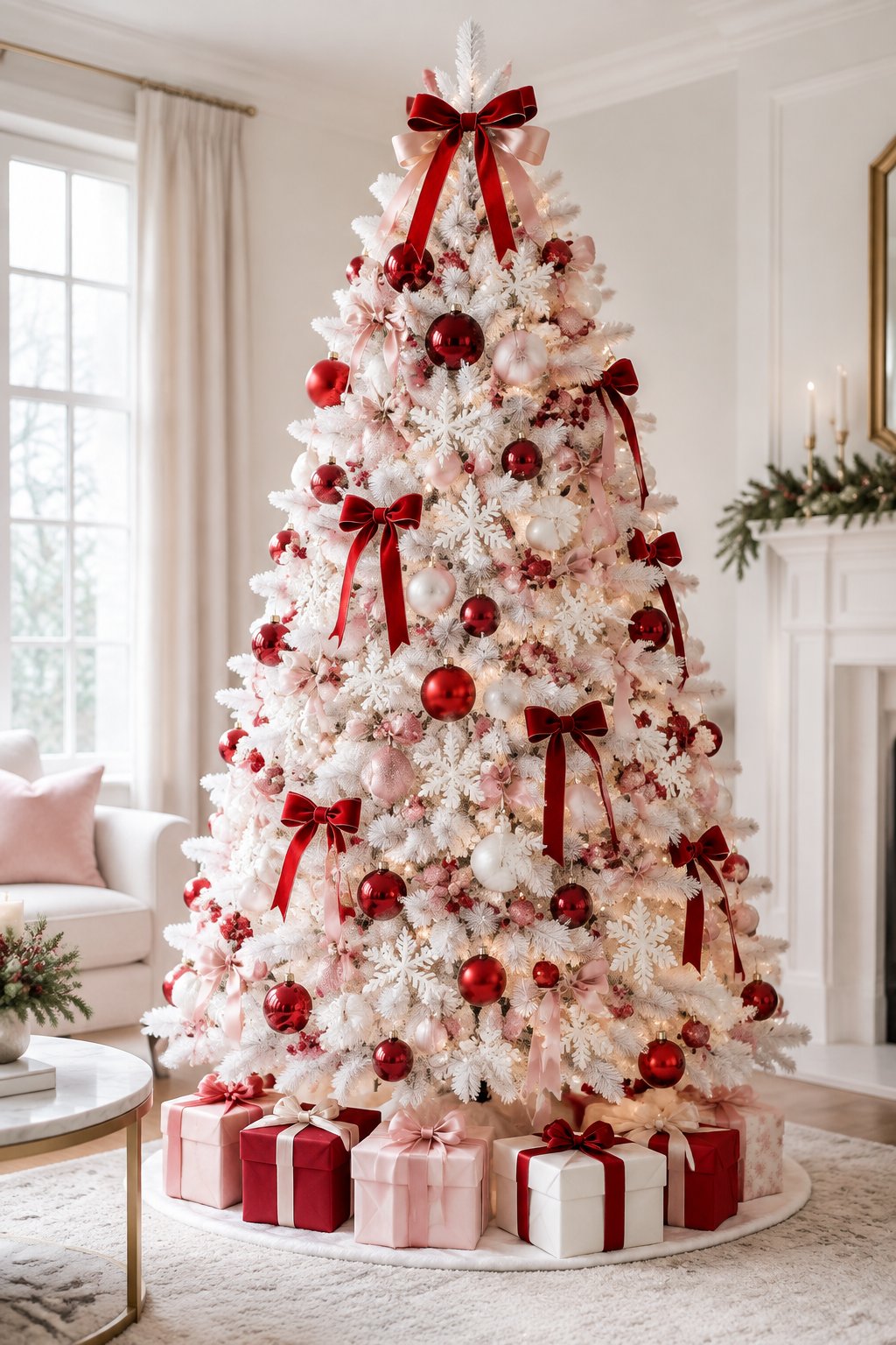 A white Christmas tree decorated with red and blush pink bows, ornaments, lights, and wrapped gifts.
