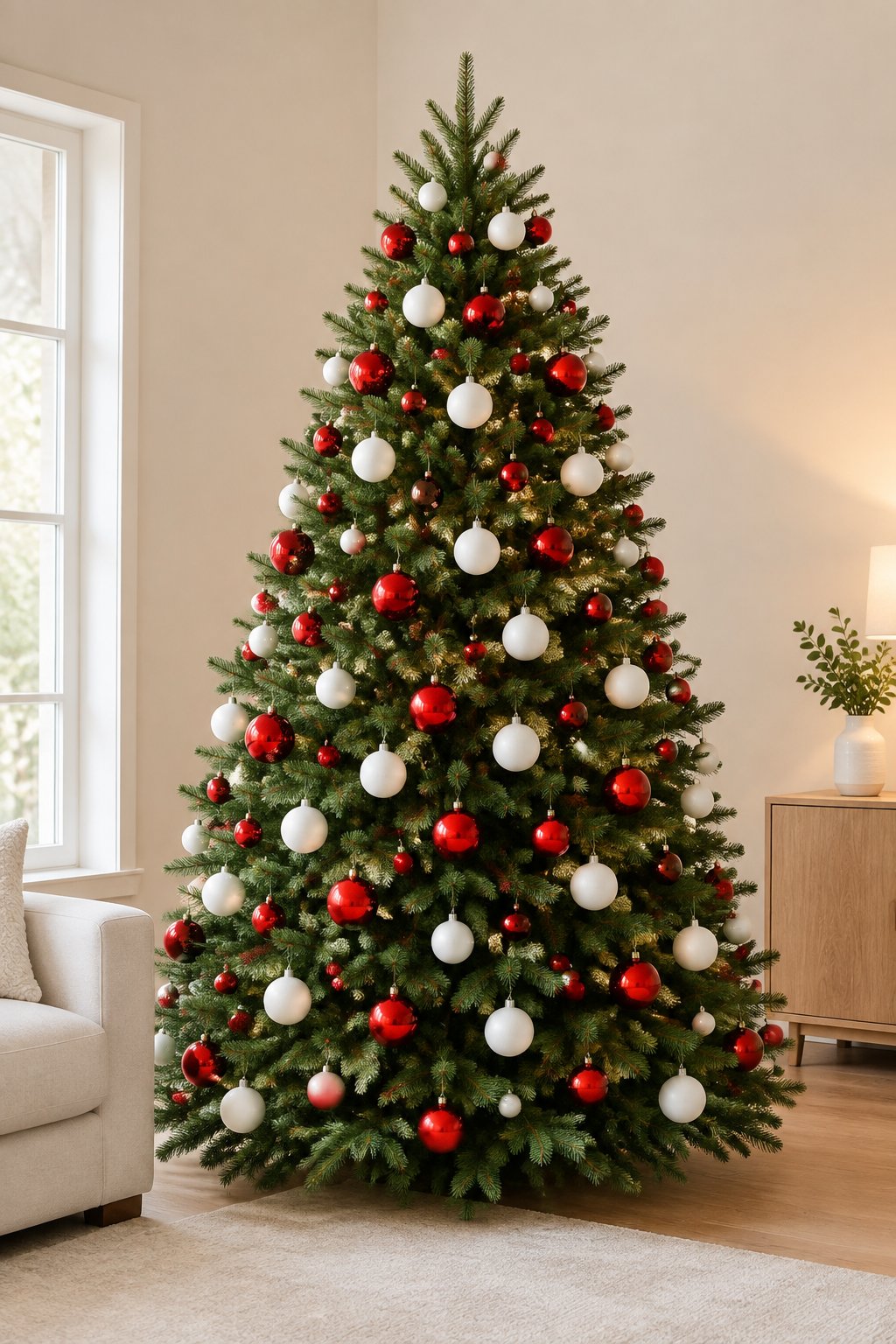 A Christmas tree decorated only with red and white round ornaments in a bright living room.