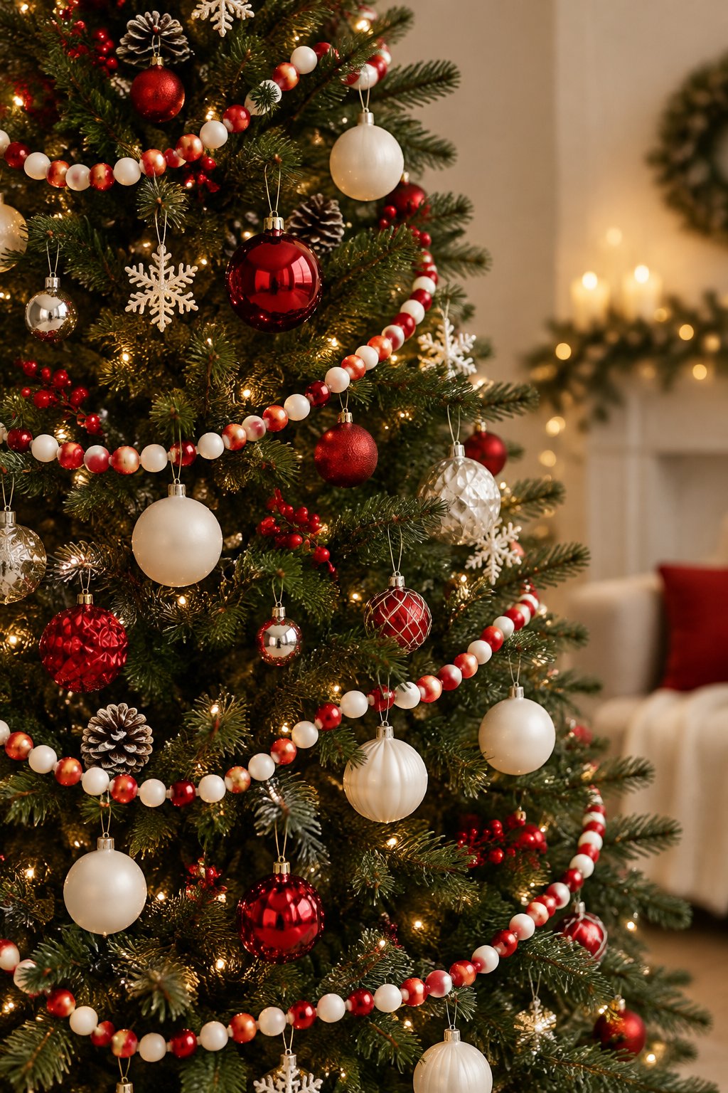 A Christmas tree decorated with red and white bead garland, ornaments, and warm glowing lights.