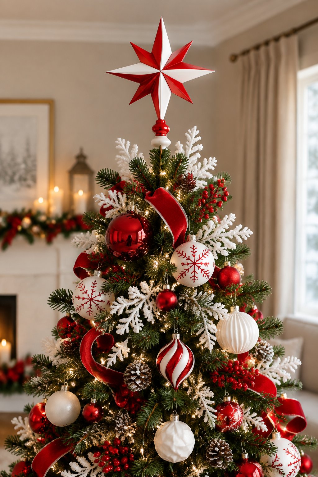 A decorated Christmas tree with red and white ornaments and a red-and-white topper.