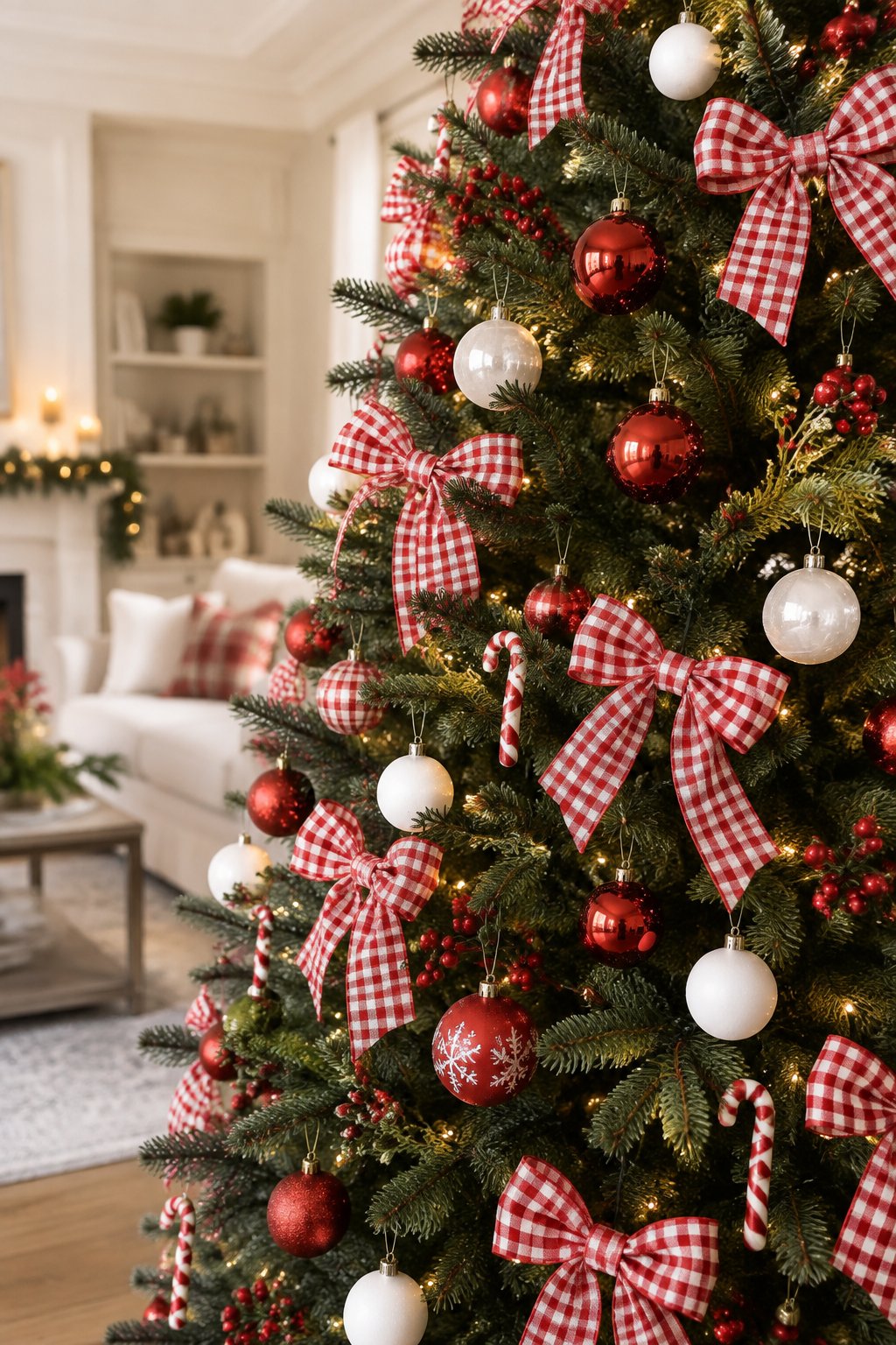 A green Christmas tree decorated with red and white gingham bows, ornaments, and warm lights.