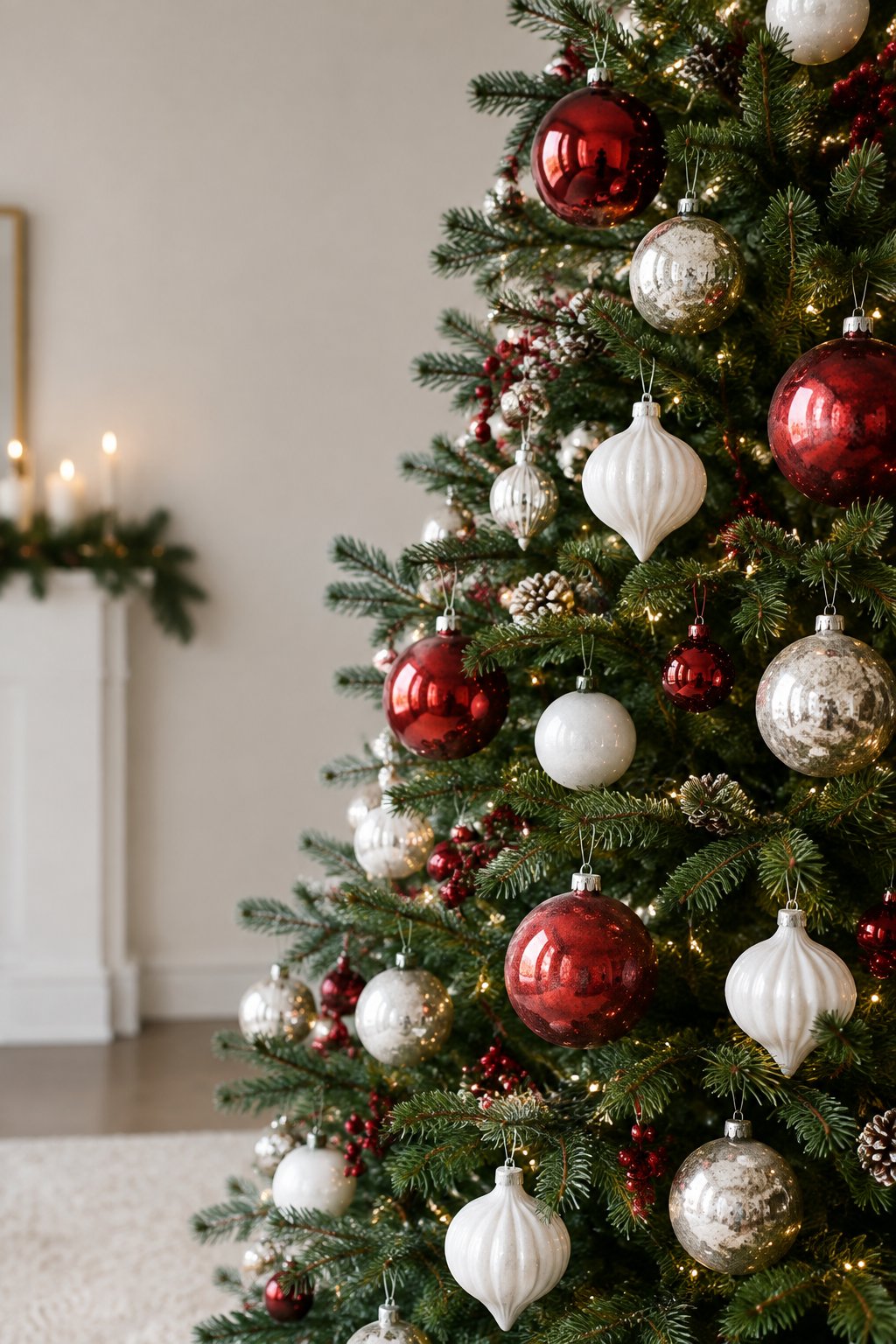 A green Christmas tree decorated with red and white glass ornaments and warm lights.