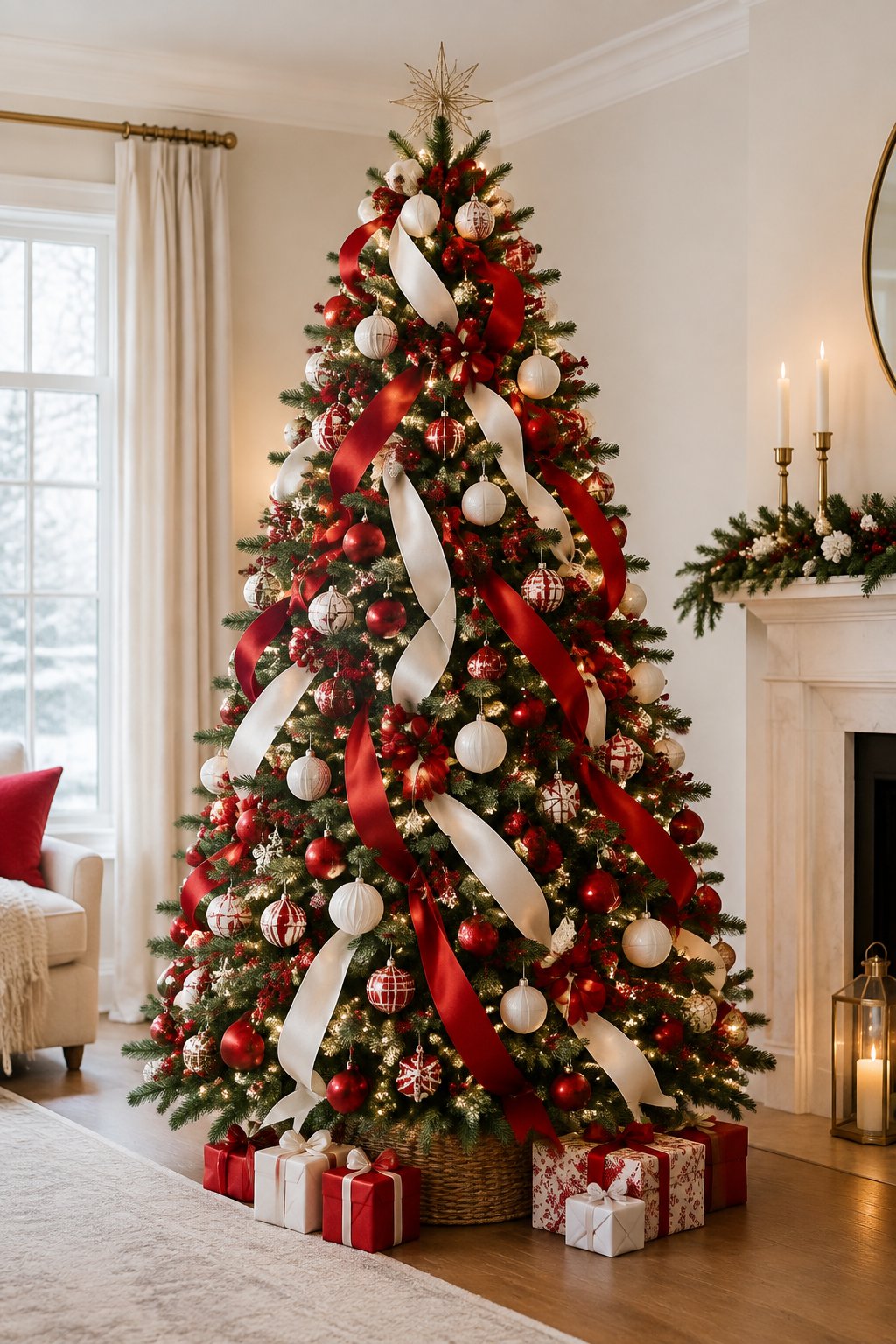A Christmas tree decorated with red and white ribbon streamers, ornaments, and warm lights.
