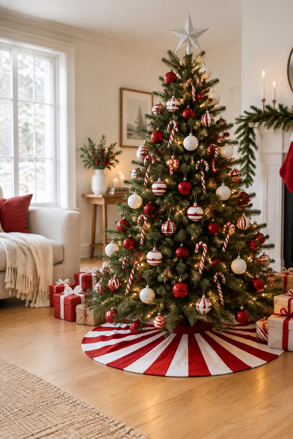 A decorated Christmas tree with red and white ornaments and a striped candy cane tree skirt.