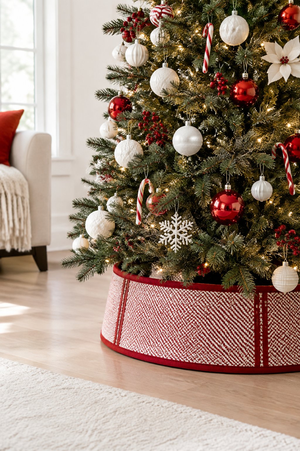 A decorated Christmas tree with red and white ornaments and a red and white collar around its base.