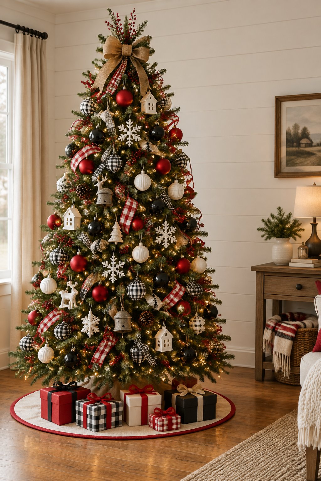 A decorated red, black, and white Christmas tree stands in a cozy farmhouse-style living room.