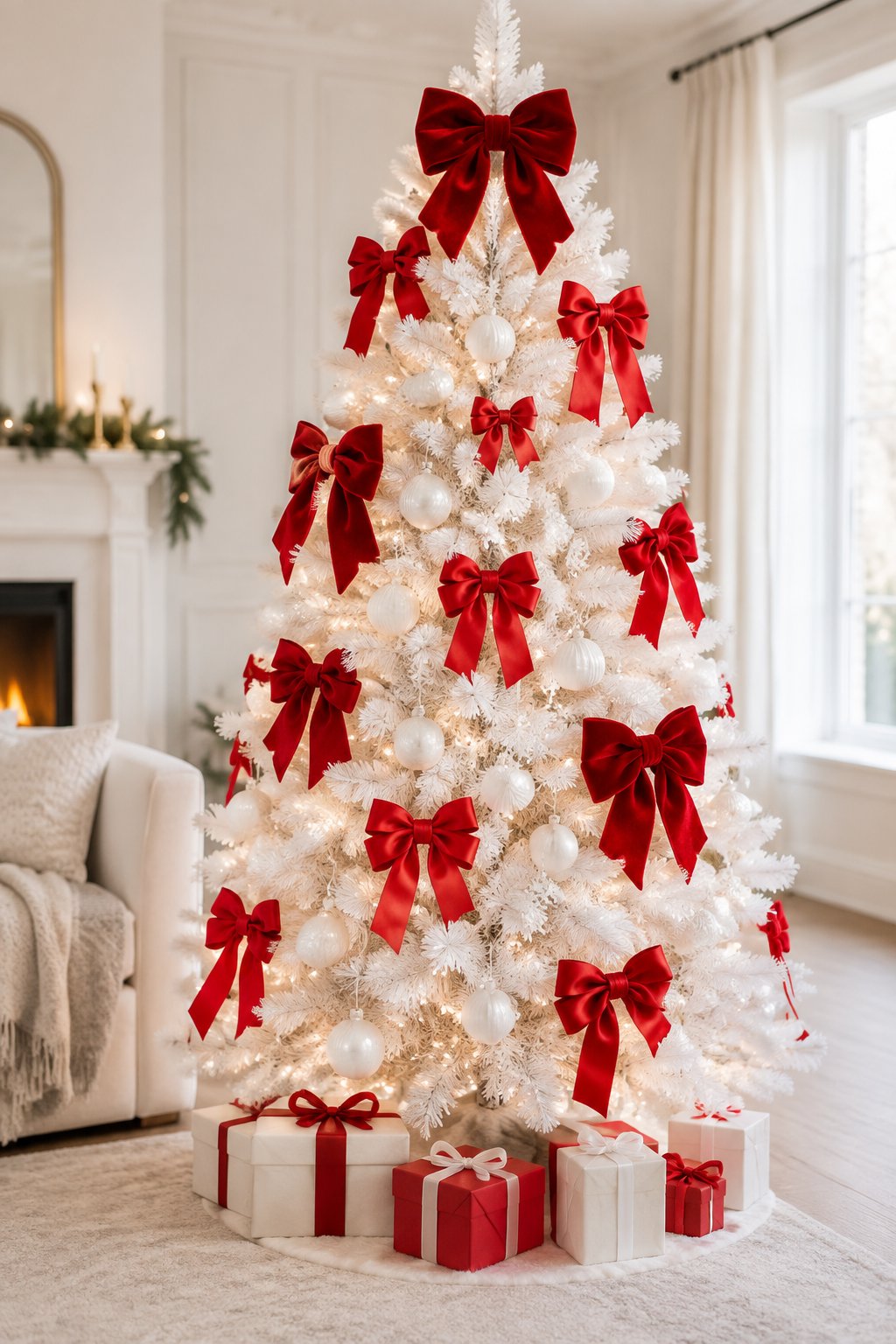 A white Christmas tree decorated with red bows and warm lights in a bright living room.