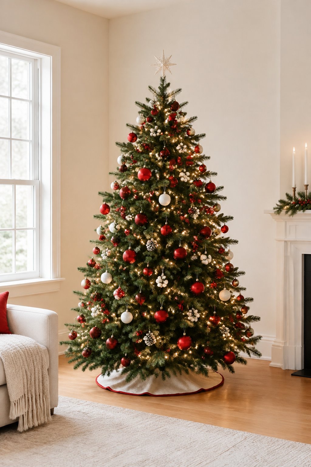 A Christmas tree decorated with red ornaments and warm white lights in a bright living room.