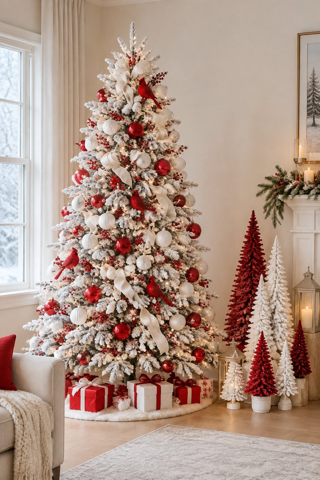 A flocked Christmas tree decorated with red and white ornaments and red cardinal decorations, surrounded by smaller matching trees and wrapped gifts.