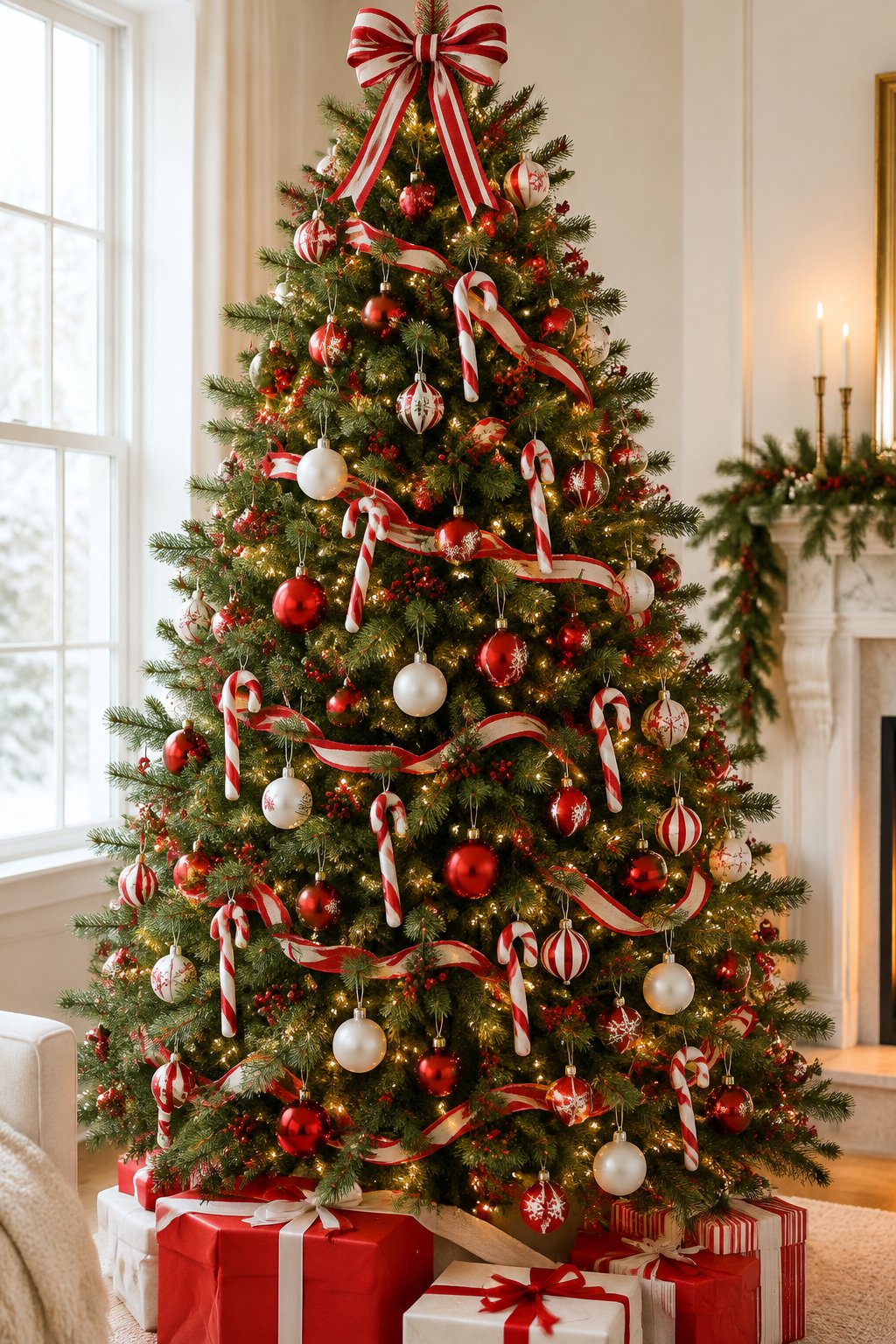 A Christmas tree decorated with red and white striped candy cane ornaments, warm lights, and red and white gifts.
