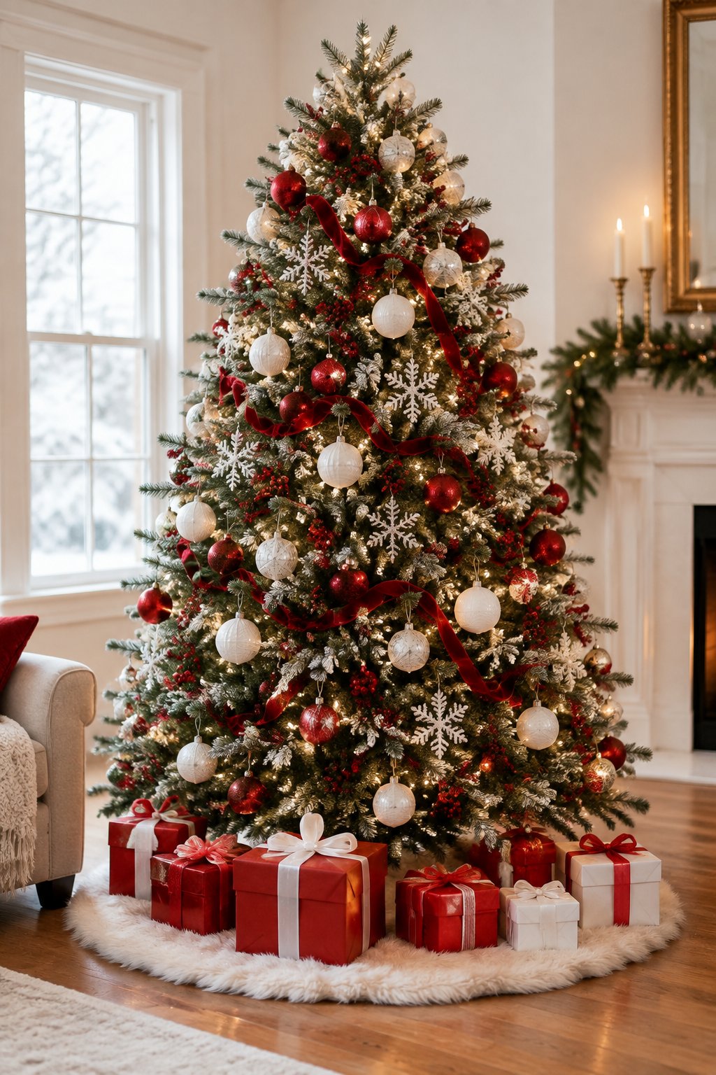 A decorated red and white Christmas tree with a white fur skirt and red gifts underneath.