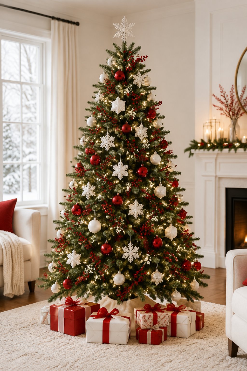 A decorated Christmas tree with white snowflakes, red berries, red and white ornaments, and wrapped gifts.