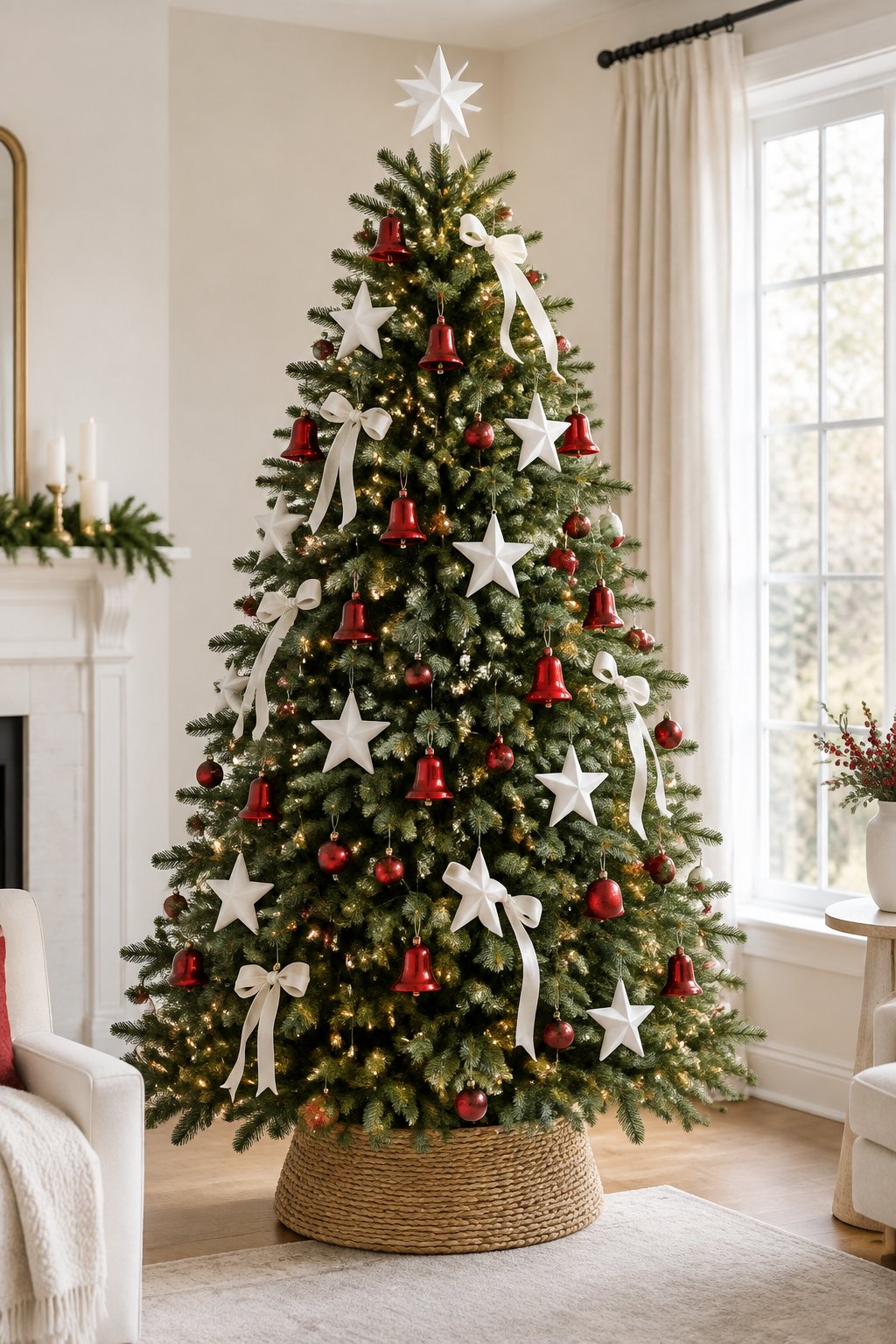 A Christmas tree decorated with white star ornaments and red bell ornaments in a bright living room.