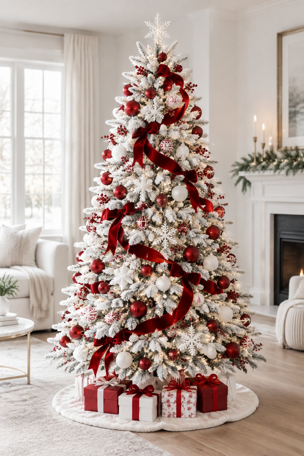 A flocked white Christmas tree decorated with red ribbon, red and white ornaments, and warm lights in a bright living room.