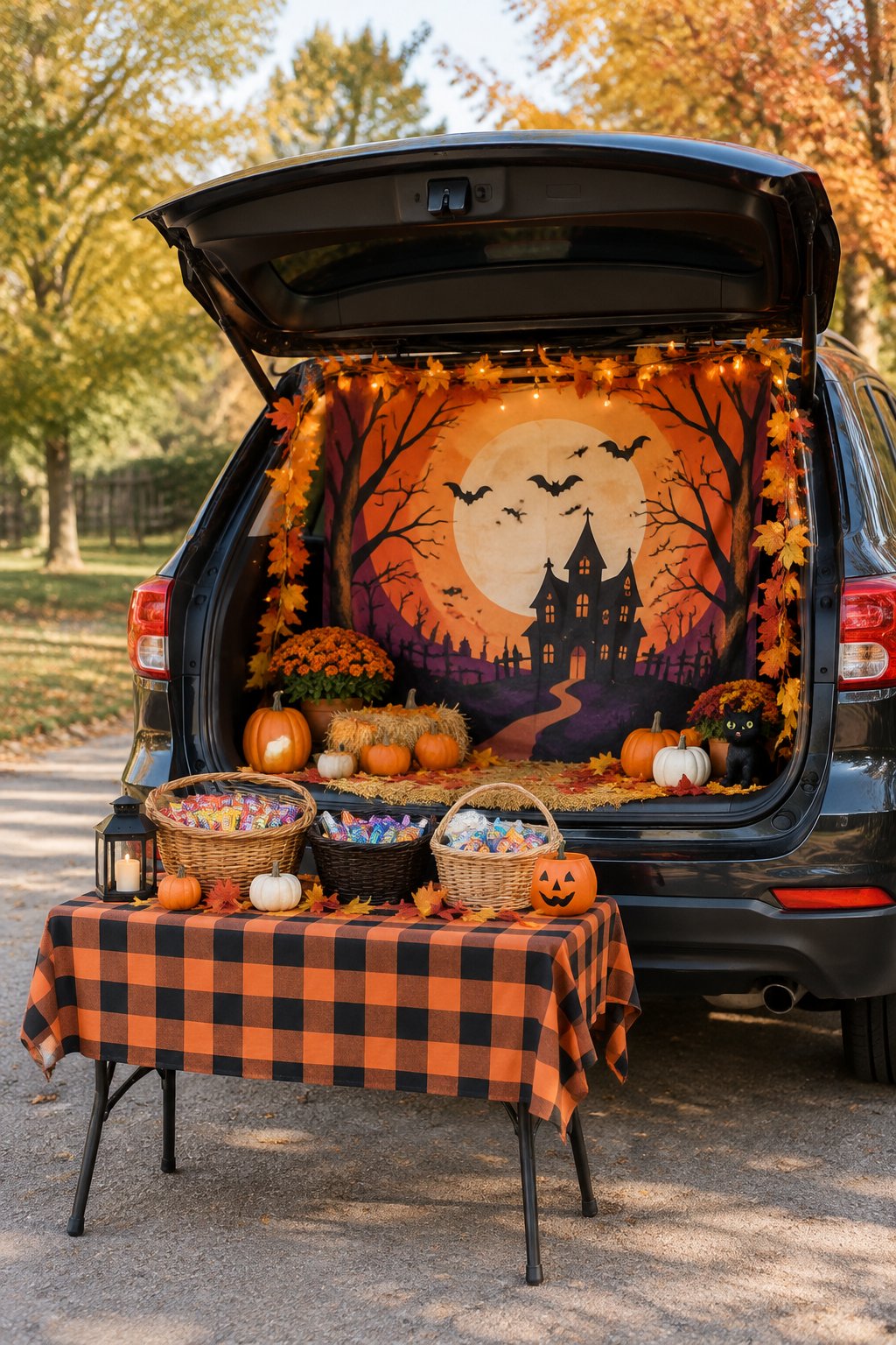 Car trunk decorated with a printed haunted-forest backdrop, pumpkins and a plaid candy table